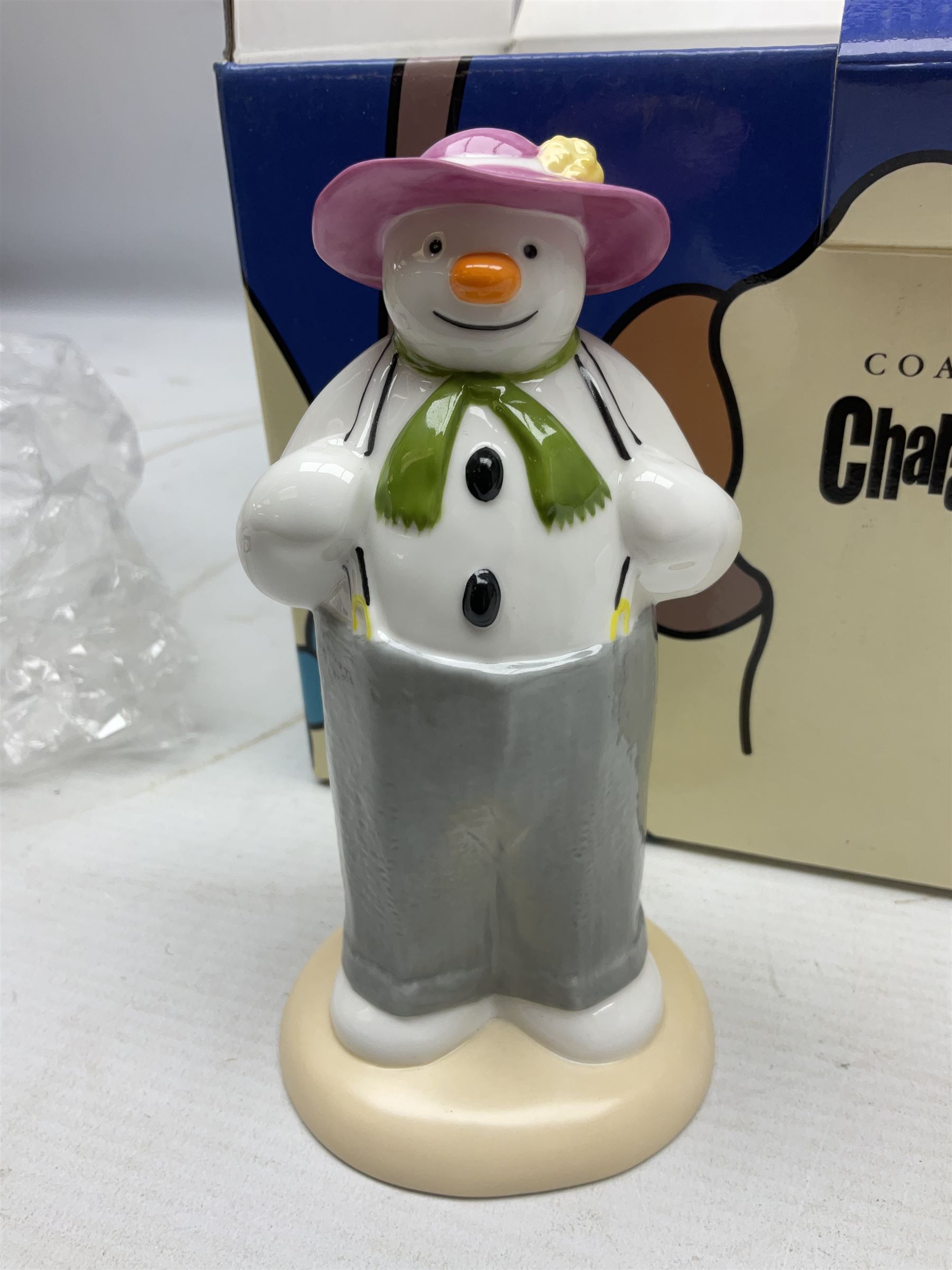 Royal Doulton The Mickey Mouse Collection Pluto figure, Coalport Characters The Snowman Dressing Up figure, three Royal Doulton Bunnykins figures comprising Policeman, Morris Danger and Eskimo, and display stand, Royal Doulton John Beswick Tiggy Winkle, Royal Albert Beatrix Potter Peter Postbag and three Goebel Hummel figures, all boxed