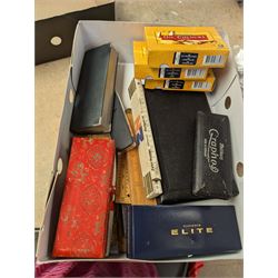 Platignum Elite fountain pen, boxed, other boxed pens, and a collection of drawing instruments and slide rules, including Rabone examples