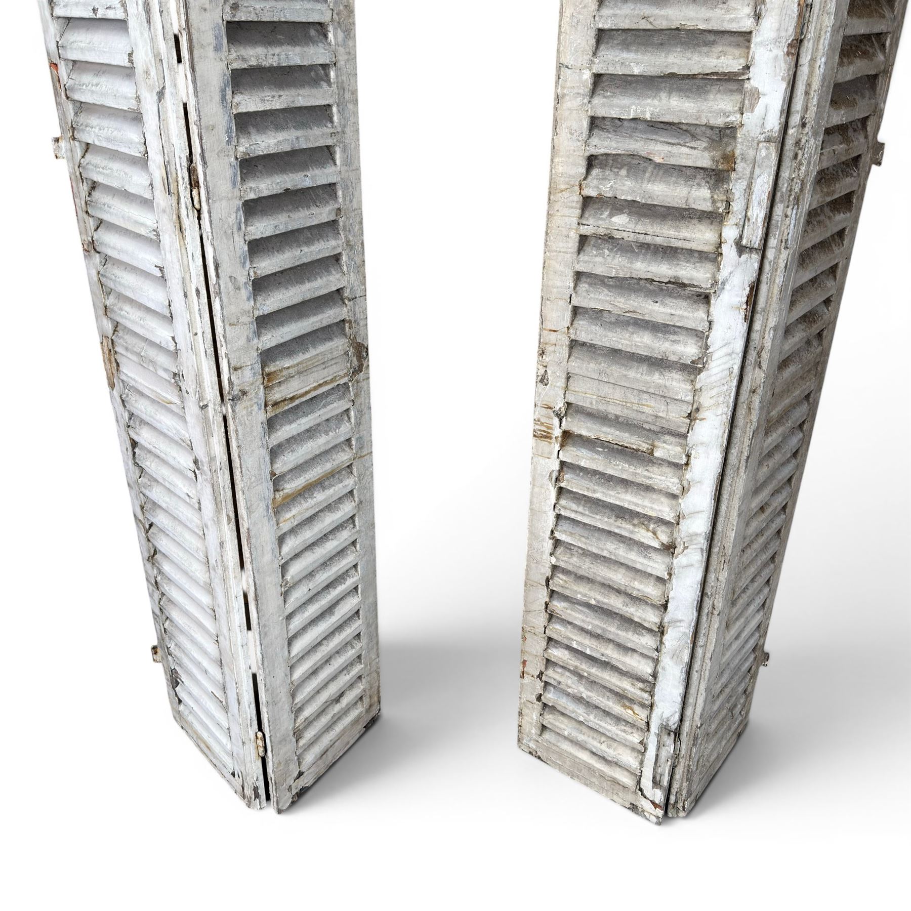 Two pairs of 19th century full height folding French Chateau louvre doors, pitch pine in cream painted finish, dimensions approx.