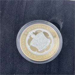 King Charles III 2023 'Coronation Silver Proof Mint Masters Set' comprising Bailiwick of Jersey, Bailiwick of Guernsey and Isle of Man sterling silver proof five pound coins, cased with certificate and Queen Elizabeth II 2019 Bailiwick of Jersey 'Remember With Us' silver two pound and five pound pair, cased with CPM certificate