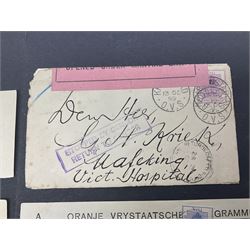 South Africa, Orange Free State, partial cover with one penny stamp cancelled with various postmarks 'Stopped By Censor Return To Sender' purple rectangular stamp and 'V R Opened Under Martial Law' pink slip and three telegrams with various stamp values