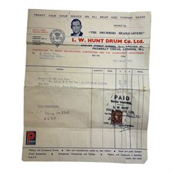 1950s Premier drum kit, owned by Ken Golder the original drummer in the John Barry Seven, comprising bass drum, floor tom, mounted tom, two bongos, Zildjian high hats and ride cymbal, Superzyn crash cymbal and stands, with some original receipts for the kit addressed to Mr Golder

