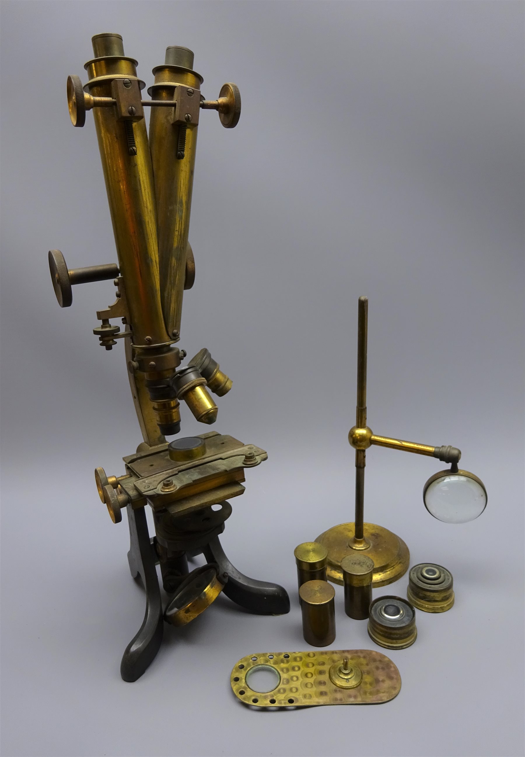 Late 19th century brass binocular microscope, with rack and pinion