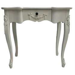 French design white painted console table, shaped top, fitted with single drawer with applied swag decoration, raised on cabriole supports decorated with foliate mouldings