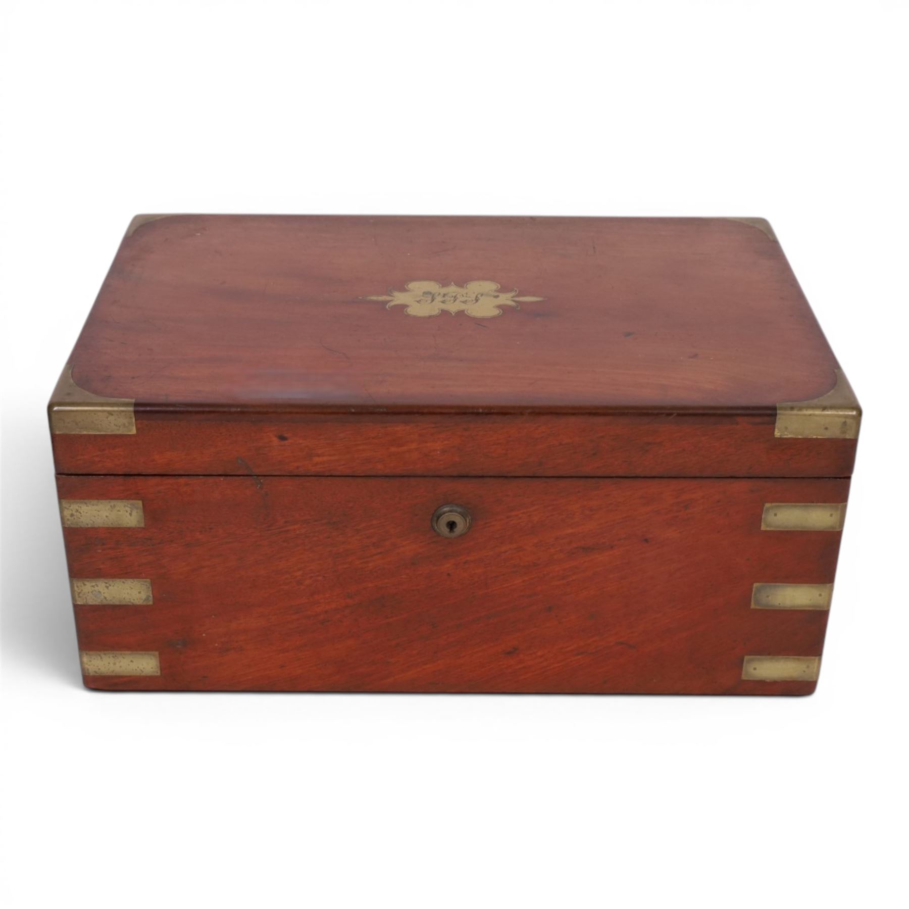 19th century mahogany brass bound writing slope, with fitted interior, H18cm
