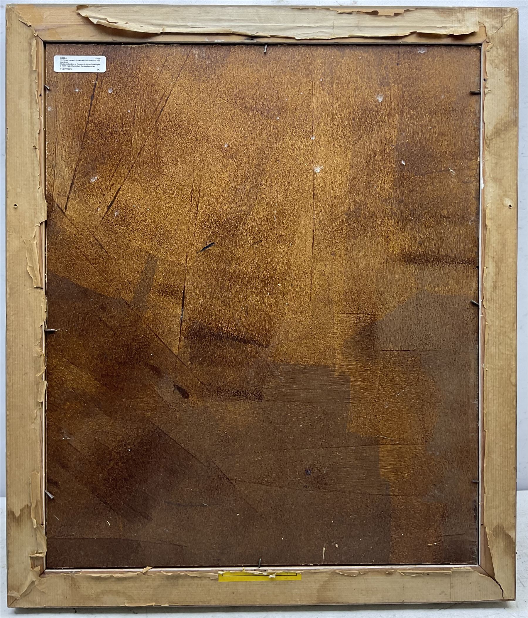 Raymond Arthur Roadnight (British 1941-): Two Ladies, oil on board unsigned 54cm x 45cm  
Provenance: the artist's studio collection. Born in High Wycombe, Roadnight spent three years training under Patrick Reyntiens and John Piper creating stained glass windows for Liverpool and Coventry cathedrals. These works included the great baptistry window in the New Coventry Cathedral, the 'Lantern' atop the Catholic Cathedral in Liverpool, and the grand windows in Oundle School Chapel. He has exhited at Royal Academy, Alfred East Gallery, Chichele College in Higham Ferriers, and Burleighfield House in Loudwater.