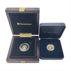 Two Queen Elizabeth II miniature gold coins, Cook Islands 2008 fine gold one dollar 'The Royal Lion' approximately 0.5 grams and Tristan Da Cunha 2012 9ct gold half crown approximately 1 gram, both in Westminster cases