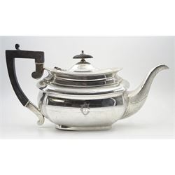 Raich Carter - presentation hallmarked silver two-handled tray of rounded oblong form with gadrooned rim by Wilson & Gill, 139 Regent Street, London, inscribed to the centre 'Presented to Mr. & Mrs. Raich Carter by the Lord Mayor of the City and County of Kingston-upon-Hull Alderman R.E. Smith J.P. on May 30th 1952on behalf of the many Admirers who subscribed to The Lord Mayor's Testimonial Fund in recognition of Raich Carter's genius as a footballer and his services to the City', London 1937 82oz L61cm; together with a hallmarked silver four-piece tea and coffee set by Cooper Bros. & Sons Ltd, the teapot of London shape with ebonised handle and knop, each piece engraved with an initial 'C', Sheffield 1920  60.5oz, teapot L29.5cm