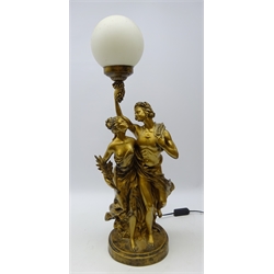  Gilt Classical style figural table lamp modelled as a semi nude couple with globular frosted glass shade, H72cm   