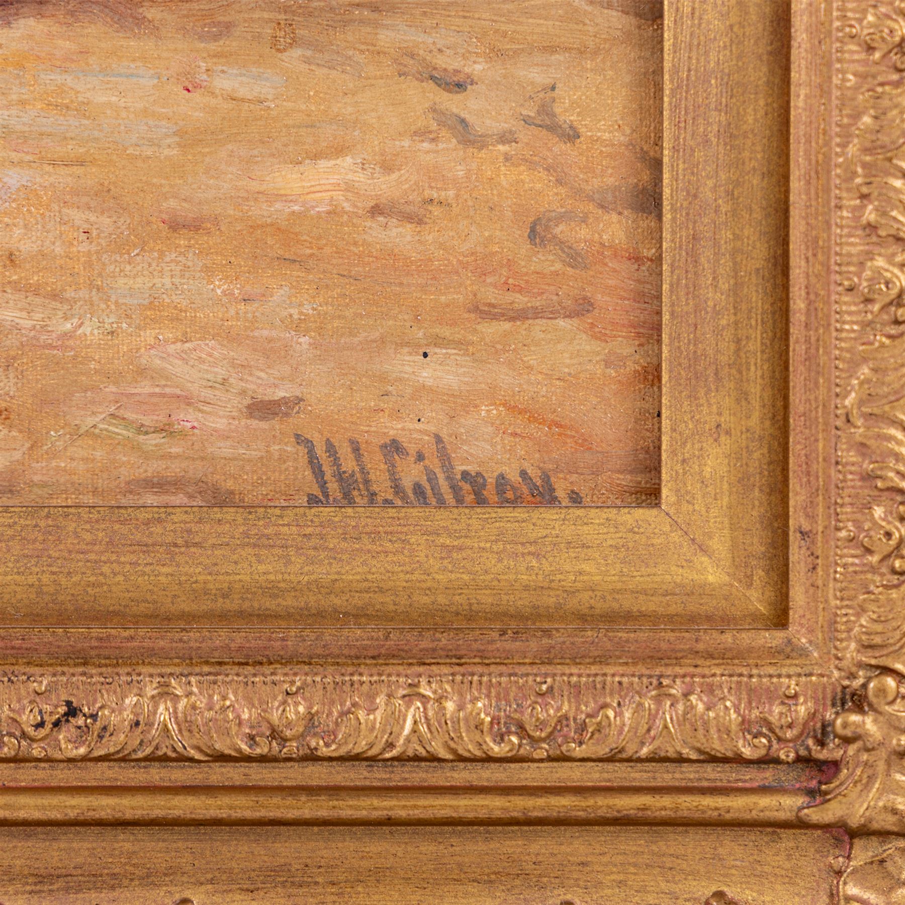 John William Gilroy (Newcastle 1868-1944): Two Sisters Exploring Whitby Market, oil on canvas laid on to board signed 38cm x 31cm