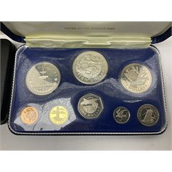 First National Coinage of Barbados 1973 proof eight coin set, from ten dollars to one cent, the ten dollar coin minted in sterling silver, the five dollar coin minted in 800 silver, and a Barbados 1974 proof eight coin set, both minted at The Franklin Mint, cased with certificates; two Republic of Malta decimal proof coin sets, dated 1978 and 1979, the 1979 one pound coin minted in sterling silver, both minted at The Franklin Mint, cased with certificates; Cayman Islands 1973 proof eight coin set, minted at the Royal Canadian Mint, cased; and a Cayman Islands 1979 proof eight coin set, the five dollar to fifty cents coins each minted in sterling silver, minted at the Franklin Mint, cased with certificate (6)