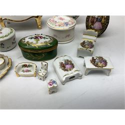 Limoges La Reine miniature furniture to include two chairs and table set, wardrobe etc, Limoges lidded boxes to include Bernadaud example, Limoges miniature tea service on tray, other boxes and miniatures to include Spode twin handled loving cup etc