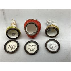 Two Halcyon Days enamel bonbonnieres modelled as mice, I am a magical mouse, and ''Consider the little mouse, how sagacious an animal it is...' Roman Playwright', together with three Halcyon Days enamel boxes, modelled as a bee upon a flower, a ladybird upon a leaf, and a strawberry, each in fitted box, (5)