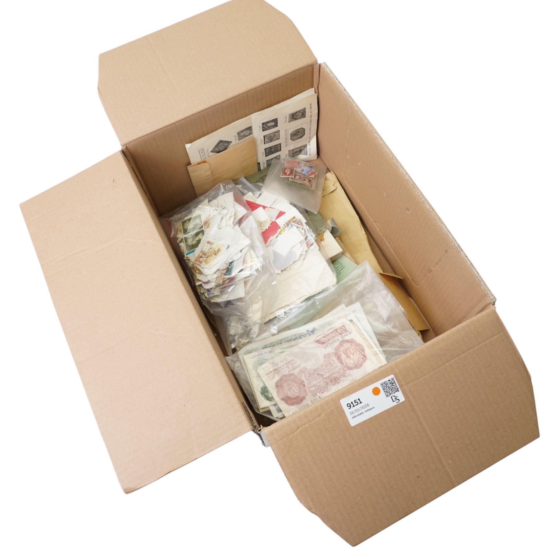 O'Brien 10/- note, English, Scottish and other bank notes, stamp albums and loose stamps