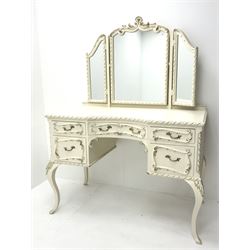 Late 20th century French style white and gilt dressing table raised triple mirror back, acanthus carved cabriole legs (W113cm, H150cm, D58cm) and stool