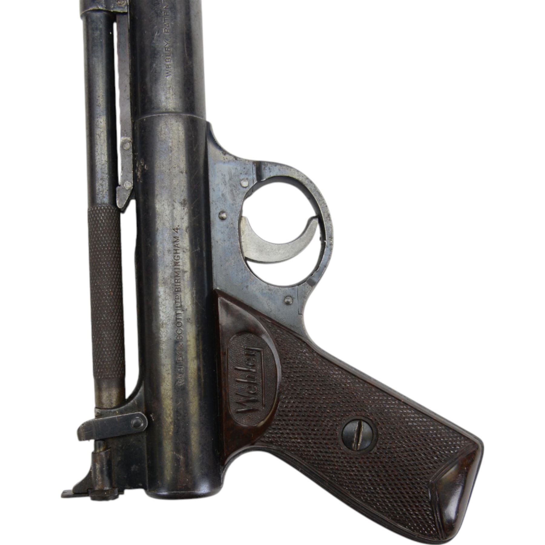 Webley Senior .22 air pistol, batch 209, the air chamber marked The Webley Senior, made in England, Webley & Scott Ltd Birmingham 4, Webley Patent, with checkered grip, H14cm, L19cm, together with book Webley Air Pistols; their history and development by Gordon Bruce 