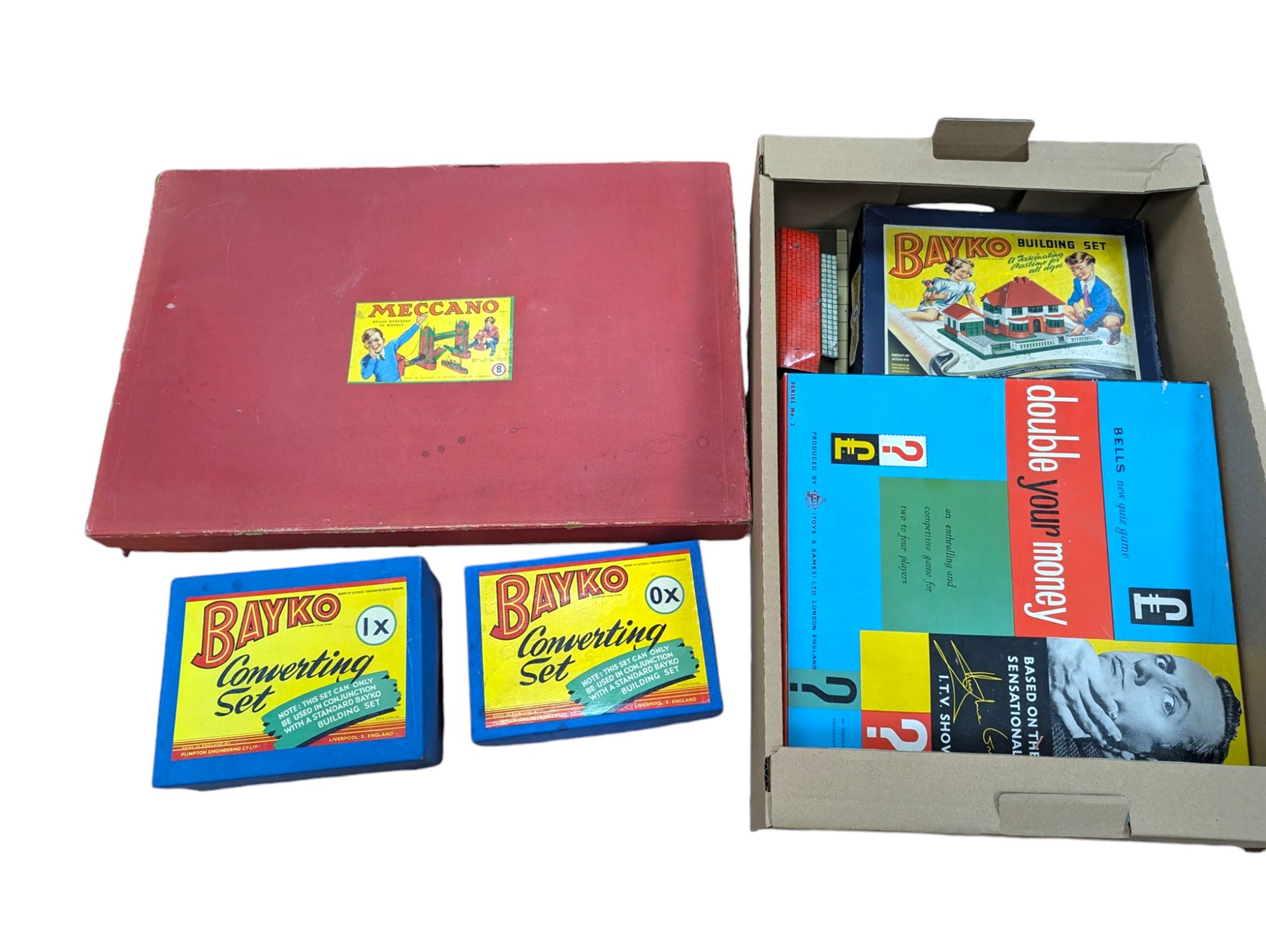 Meccano number 8 set, Bell's Double your money game, Bayko building set and converter kits