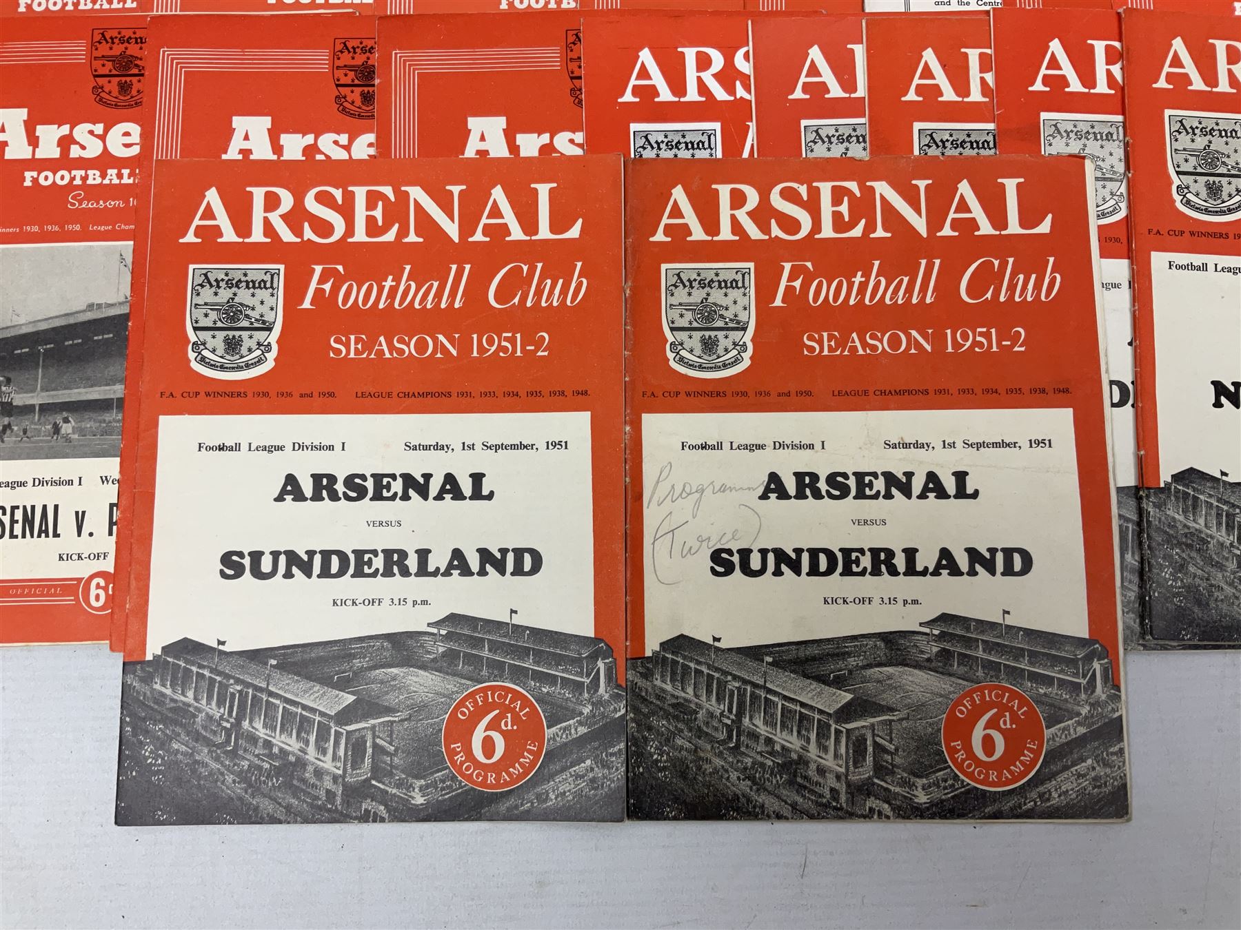 Arsenal F.C. - thirty home programmes for 1951/52 (7) & 1952/53 (23) including Division One, F.A. Cup, London Football Association Challenge Cup, Charity Match, Friendly Match and one duplicate (30)