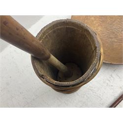 Butter churn with lid and wicker bound tapering body, large wood dish of oval form, etc, tray L68cm