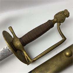 Reproduction American Civil War Cavalry trooper's sword, the 88cm slightly curving fullered steel blade marked to the ricasso 'Ames & Co Chicopee Mass.' and 'US ADK 1862'; brass hilt and leather covered grip; in steel scabbard; and Indian reproduction 19th century French court sword (2)