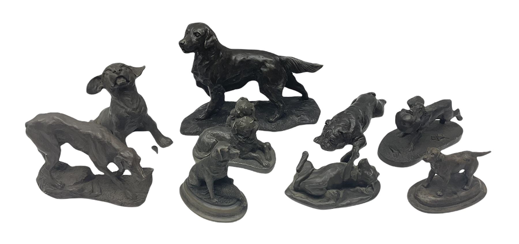 Cast bronze figures of dogs to include examples marked J. Spouse, David Hughes, Anne Godfrey, Lindner and other bronzed examples etc