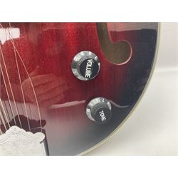 Stagg Model M50 E eight-string electro-acoustic mandolin; bears makers label L69cm; in cardboard delivery box with lead