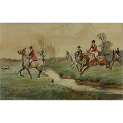 Thomas Ivester Lloyd (British 1832-1942): 'The Brook' - the Hunt clearing a Stream, watercolour signed, original titled mount verso 21cm x 34cm