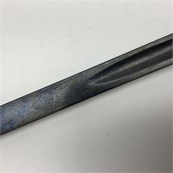 WW1 British Army 1897 Pattern Officers Sword, the 80cm fullered steel blade with traces of decoration and inscribed 'W.E. French 1914'; the basket hilt pierced with the George V cypher and wire-bound fish-skin grip L97cm overall; and WW1 British 1821 pattern Royal Artillery officer's sword with three-bar hilt; both lacking scabbard (2)