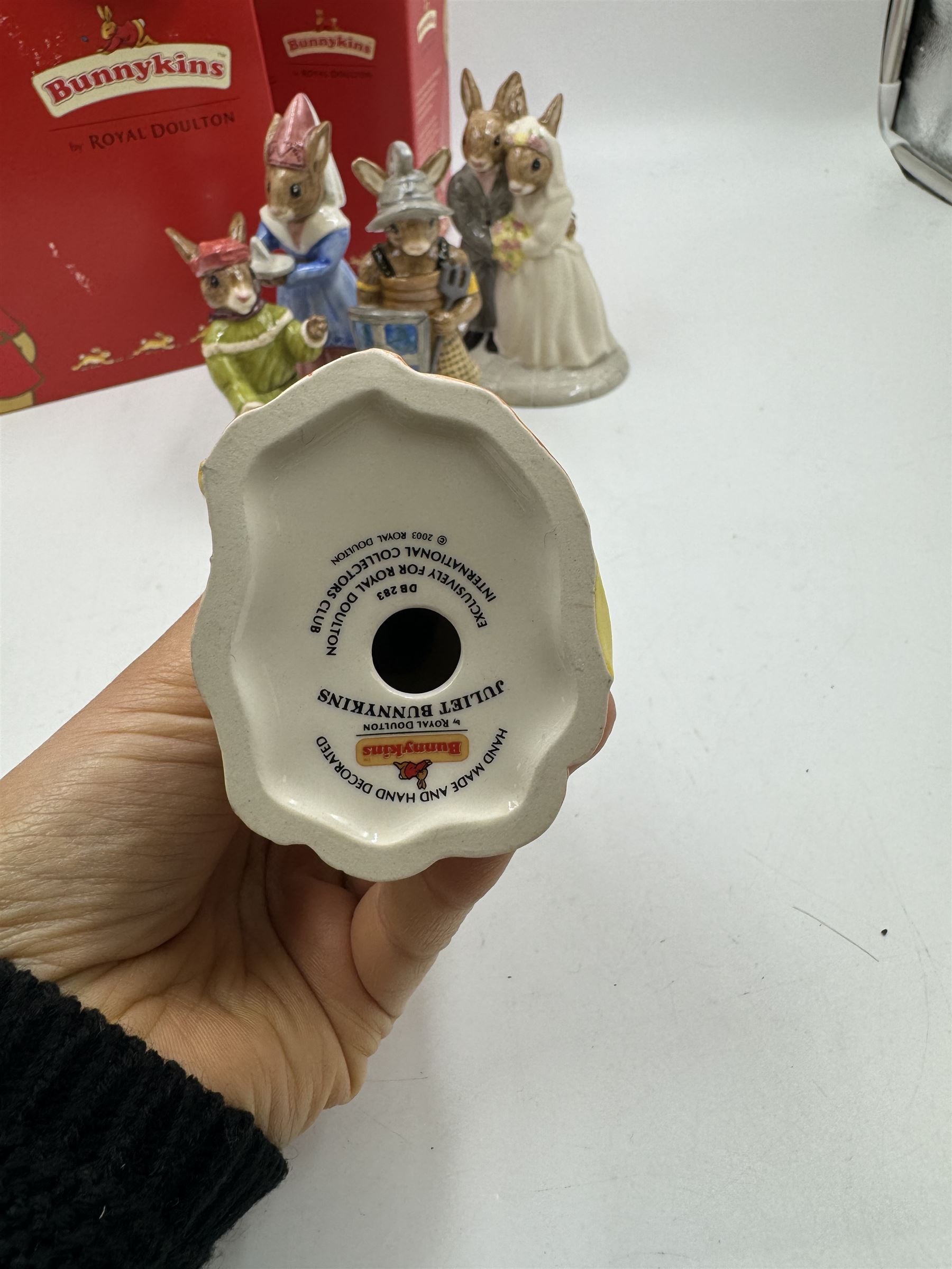 Five Royal Doulton Bunnykins comprising Sundial, Wedding Day, Gladiator, Romeo and Juliet 