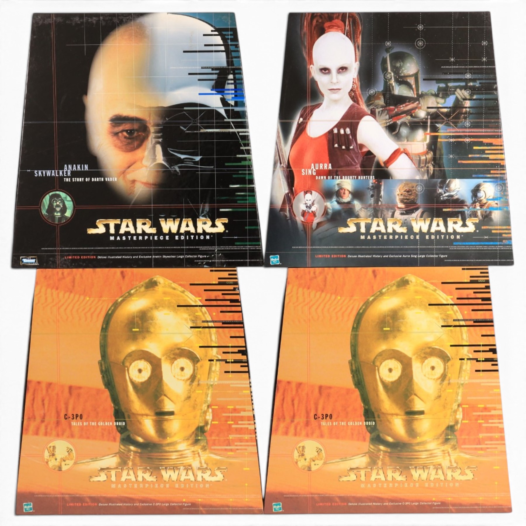Four Hasbro The Kenner Collection Star Wars Masterpiece Editions, comprising Aurra Sing Dawn of the Bounty Hunters, Anakin Skywalker The Story of Darth Vader and two C-3PO Tales of the Golden Droid, all boxed