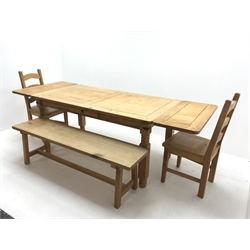 Pine dining table, two additional leaves, turned supports (W250cm, H77cm, D90cm) single bench and pair ladder back chairs (W46cm)