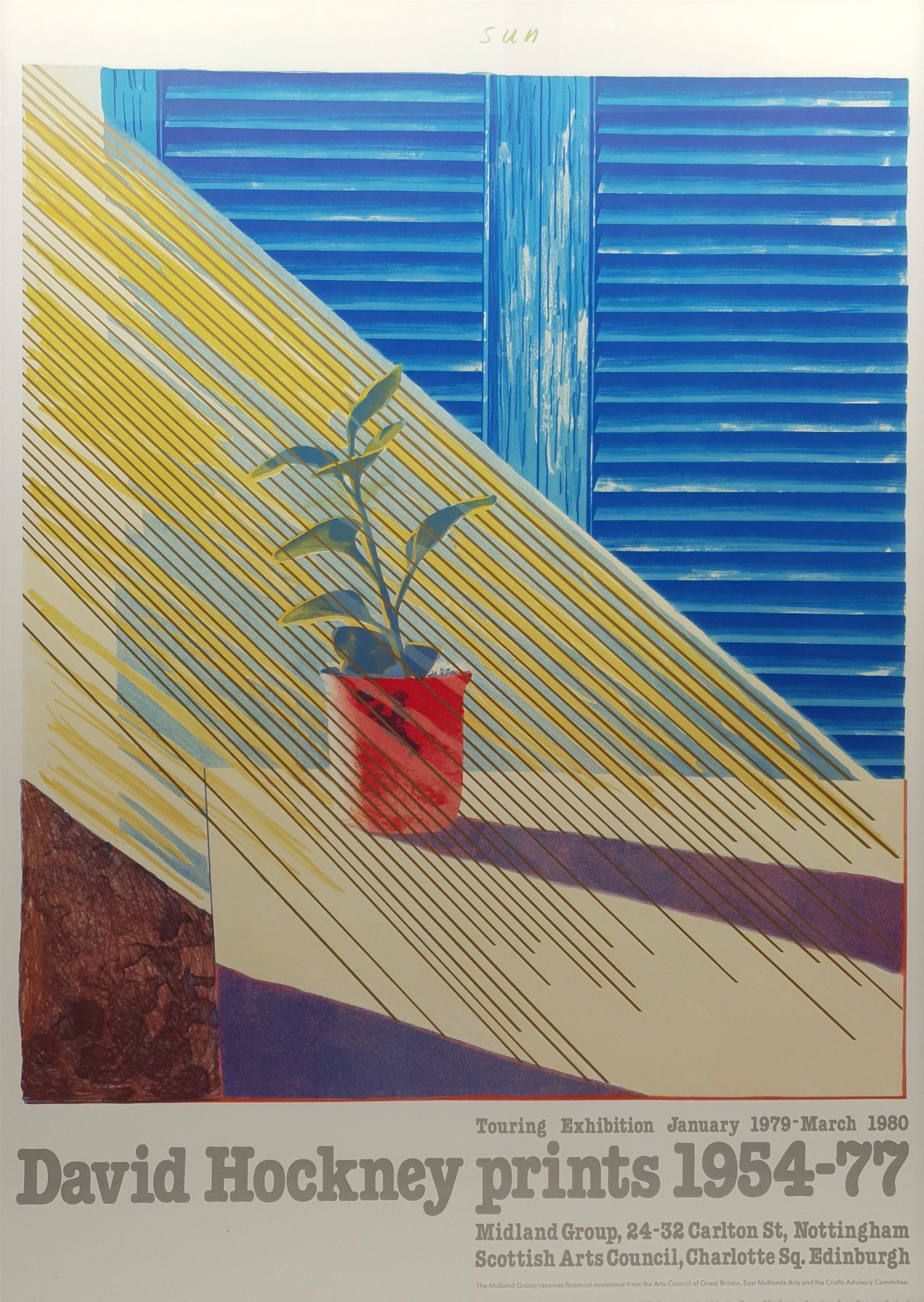 After David Hockney (British 1937-): 'Sun - David Hockney prints 1954-77', exhibition poster pub. 1979, 96cm x 68cm