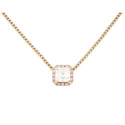 18ct rose gold diamond pendant necklace, the principal asscher cut white diamond of 0.71 carat, with round brilliant cut fancy pink diamond surround, total pink diamond weight 0.12 carat, with International Gemological Report