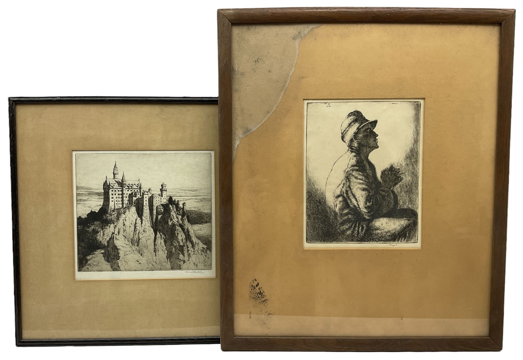 George Percival Gaskell (British 1868-1934): Neuschwanstein Castle Germany, etching signed in pencil together with Julius Komjati (Hungarian 1894-1958): Prisoner in Prayer, etching signed in pencil max 23cm x 25cm (2)