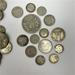 Approximately 290 grams of pre 1947 Great British silver coins including half crowns, florins etc, approximately 40 grams of pre 1920 Great British Silver coins and two South African silver coins with a joint weight of 19 grams