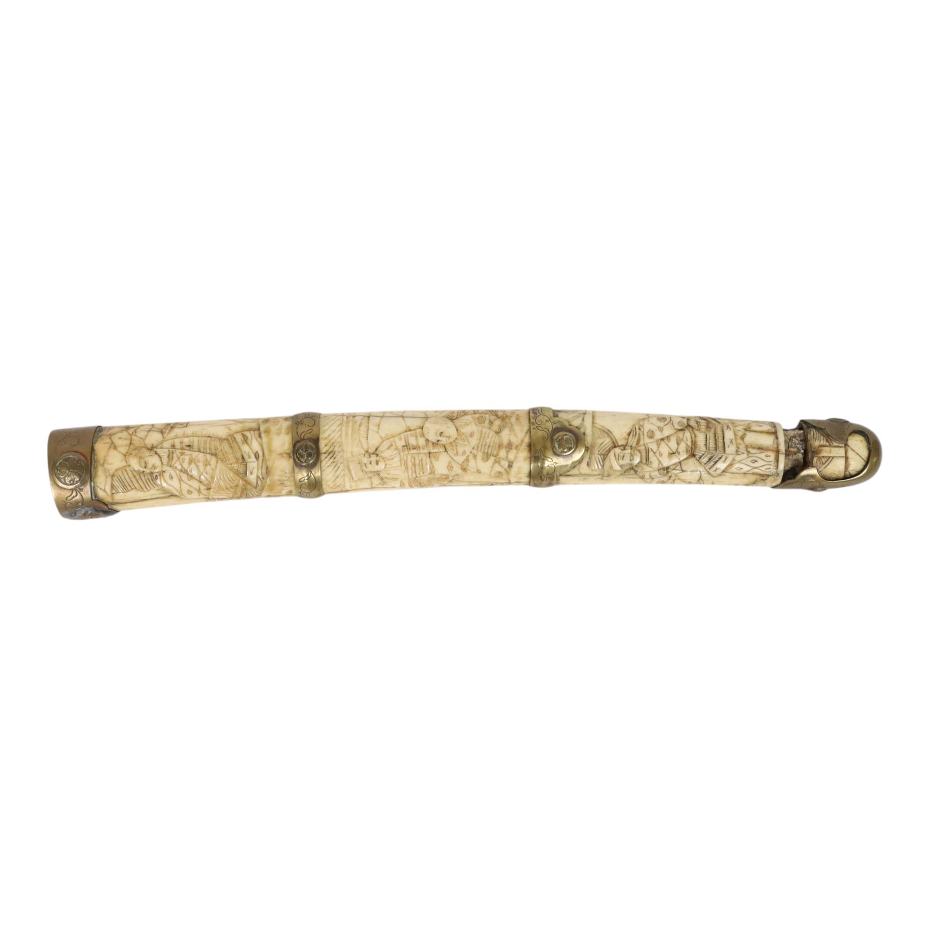 Japanese Bone Tanto, with 20cm single edged blade, with carved bone handle and scabbard, with figural decoration, overall L48cm
