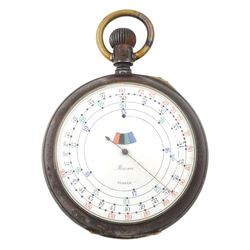 Early 20th century gun metal open face double sided chronograph speed indicator pocket watch by Mensor, white enamel dial with Roman numerals, subsidiary constant seconds and thirty minute recording dials, the signed reverse dial for speed calculation