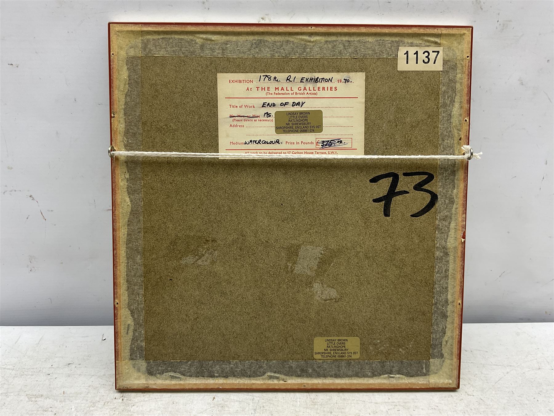 Lindsay Brown (British 20th century): 'End of the Day', watercolour signed, titled on exhibition label verso 15cm x 15cm 
Provenance: exh. Royal Institute of Painters in Water Colours, Mall Galleries, London 1970, label verso