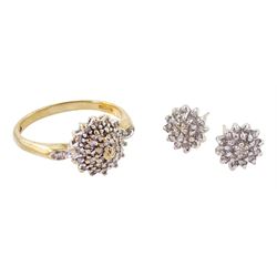 9ct gold diamond chip cluster ring and pair of matching stud earrings