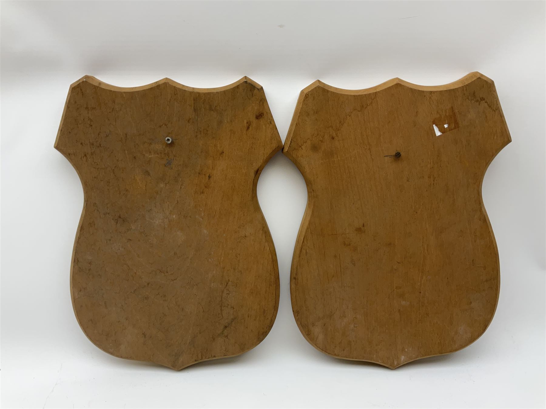 Five wooden shield plaques for mounting taxidermy of various sizes, largest H67cm, D51cm. 