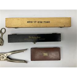 Victorian drawing instruments in mahogany box; two American boxed commercial tyre gauges by Syracuse and Schrader; and two other hand tools (5)