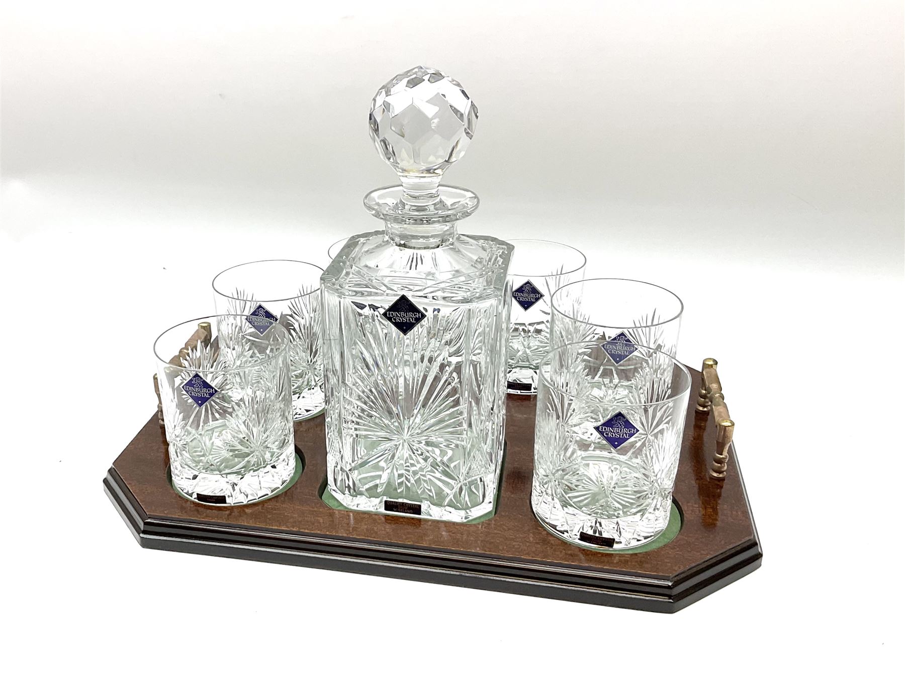 Edinburgh Crystal set, comprising square decanter, six old fashioned tumblers on a gallery tray, together with Edinburgh crystal water jug. 