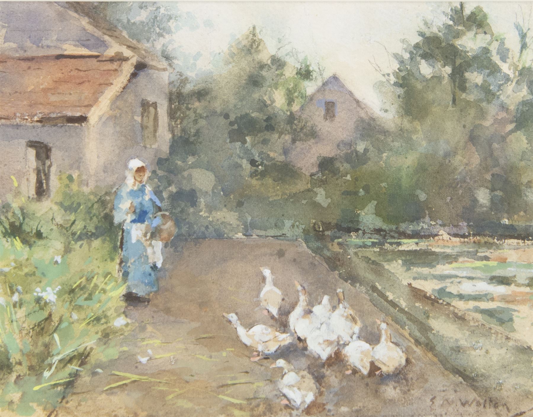 Edward Arthur Walton (Scottish 1860-1922): Girl Feeding the Ducks, watercolour heightened with white signed 20cm x 27cm 
