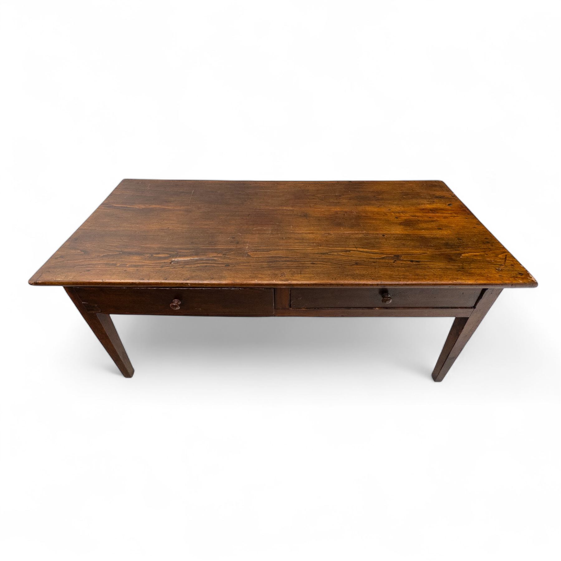 19th century provincial elm and oak farmhouse table, rectangular plank top above two frieze drawers fitted with turned wooden knobs, raised on square tapering legs