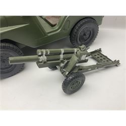 Action Man - five figures marked on the back 'Made in England by Palitoy under licence from Hasbro 1964', one dressed as a German Stormtrooper, one as a Red Devil Pilot and three in army uniform; another similar action figure marked to the right buttock ' G.I. Joe Copyright 1964 by Hasbro Patent Pending Made in Canada' dressed in army uniform; together with an Action Man jeep, field gun, mortar and machine guns and other accessories including helmets and weapons, parachute, diving equipment, skis and snow shoes, boots, uniforms etc; all unboxed