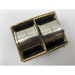 Two silver napkin rings by Collingwood & Sons Ltd, Birmingham 1928 and two other silver napkin rings hallmarked, approx 3.2oz, cased set of silver silver handled knives, hallmarked Sheffield 1915, together with a selection of silver plated flatware, to include Walker and Hall fish eaters set, cased nut cracker set with grape scissors, etc., plus a silver mounted hair brush and hand held mirror, hallmarked Chester 1919