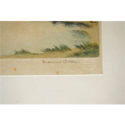 Edward Francis Wells (British 1876-1952): 'Evening Flow - Derwentwater' and 'Ullswater', two etchings with aquatint signed and titled in pencil, stamped with Rembrandt Guild Artists Proof blindstamp; D le Roux (20th century): Mountain Valleys, pair of watercolours signed, together with three other pictures including York-themed etchings max 22cm x 30cm (7)