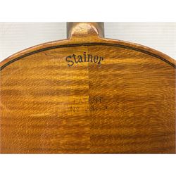 German violin c1900 stamped Stainer with 36cm two-piece maple back and ribs and spruce top L59.5cm overall; in simulated reptile skin carrying case