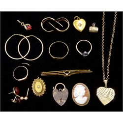  Gold heart pendant necklace, childs signet ring, pairs of earrings, cameo brooch etc all hallmarked, stamped 9ct or 375 and two 15ct gold pendants, hallmarked or tested  