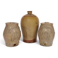 Stoneware flagon, impressed G Piercy Mkt Weighton 2 Gall, together with two salt-ware spri...